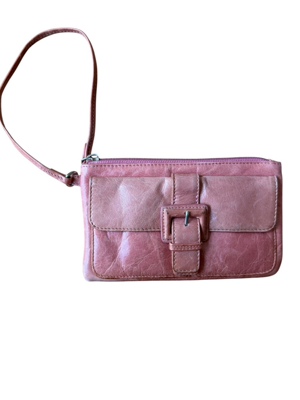 HOBO INTERNATIONAL Pink Leather Wristlet Wallet Decorative Buckle Top Zipper